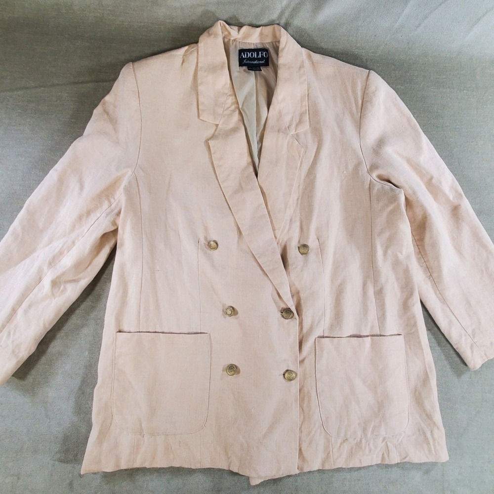 Adolfo International Vintage Linen Double Breasted Blazer Beige Women Size 14
